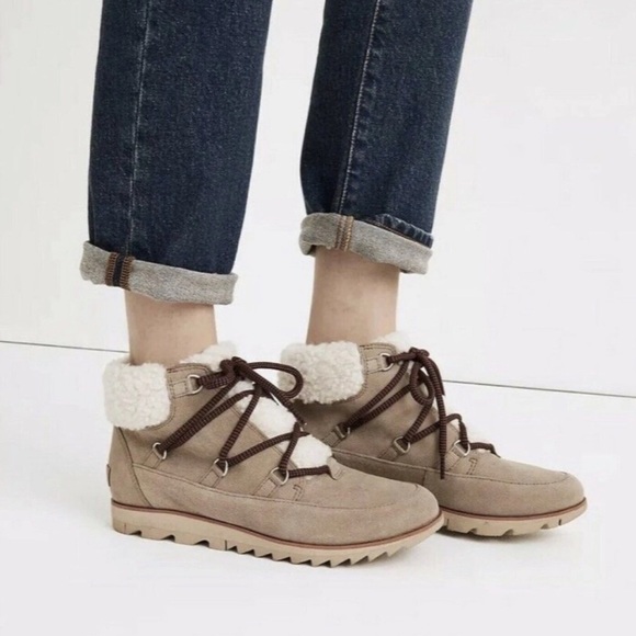 Sorel Shoes - Sorel Harlowe Gray Suede Shearling Lace Cozy Waterproof Winter Booties Women 7.5